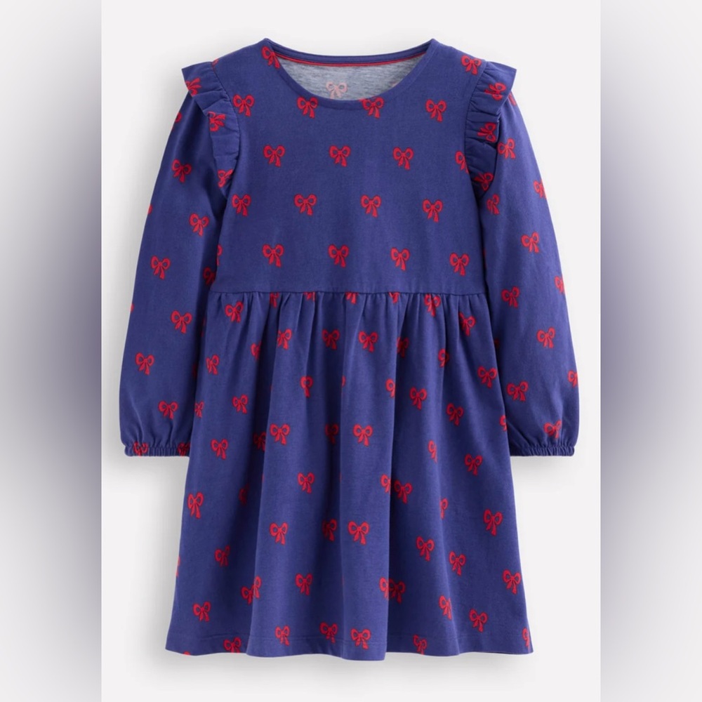 Mini Boden Long Sleeve Jersey Dress Blue with Red Bows Girls Size 6-7